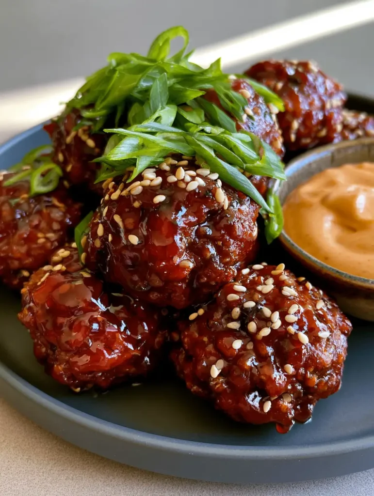 Close-up of seared Korean BBQ Meatballs with a translucent dark red gochujang glaze and fresh scallions.
