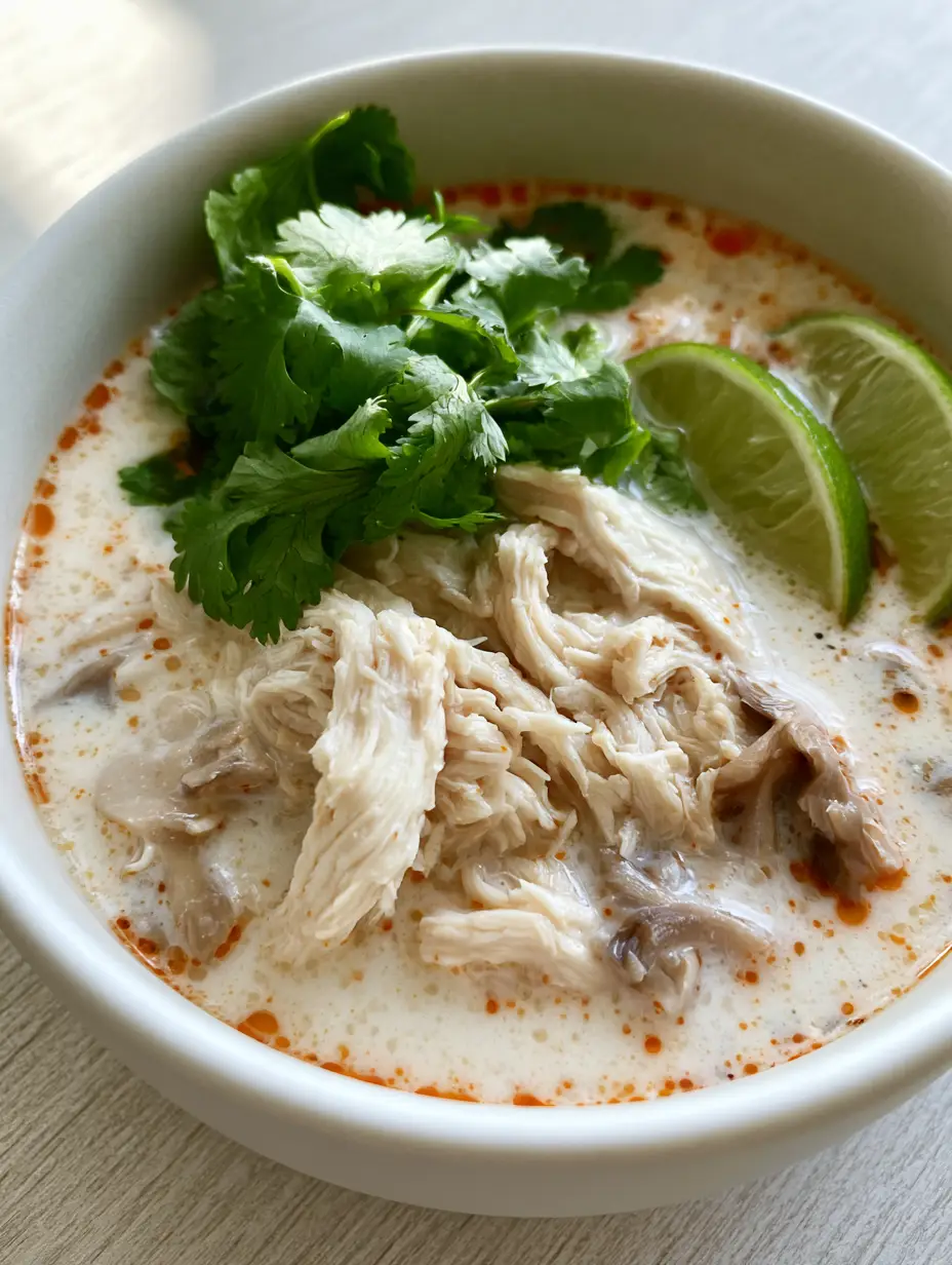 Close-up of creamy Thai Coconut Chicken Soup broth with orange-red curry oil and shredded chicken.