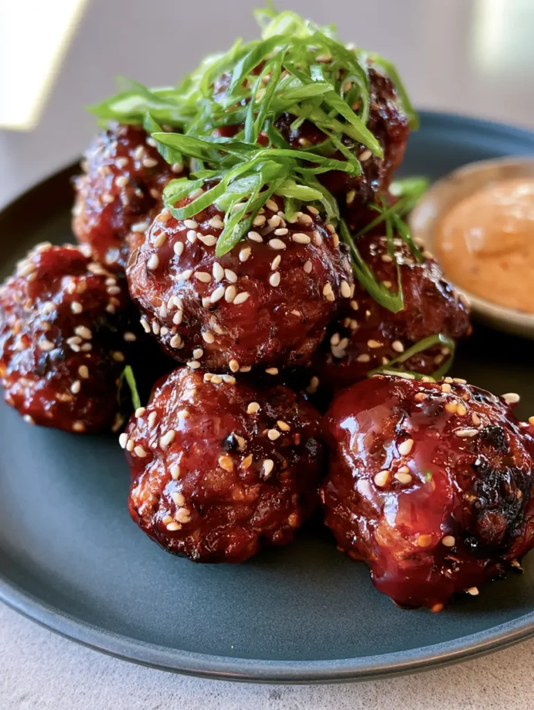 Overhead view of Korean BBQ Meatballs on a dark grey plate with a side of light-orange spicy mayo.