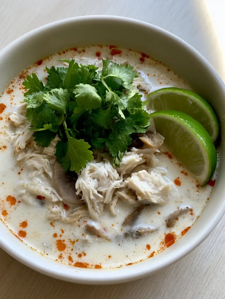 Thai Coconut Chicken Soup served in a white bowl on a wooden tabletop with lime wedges on the side.