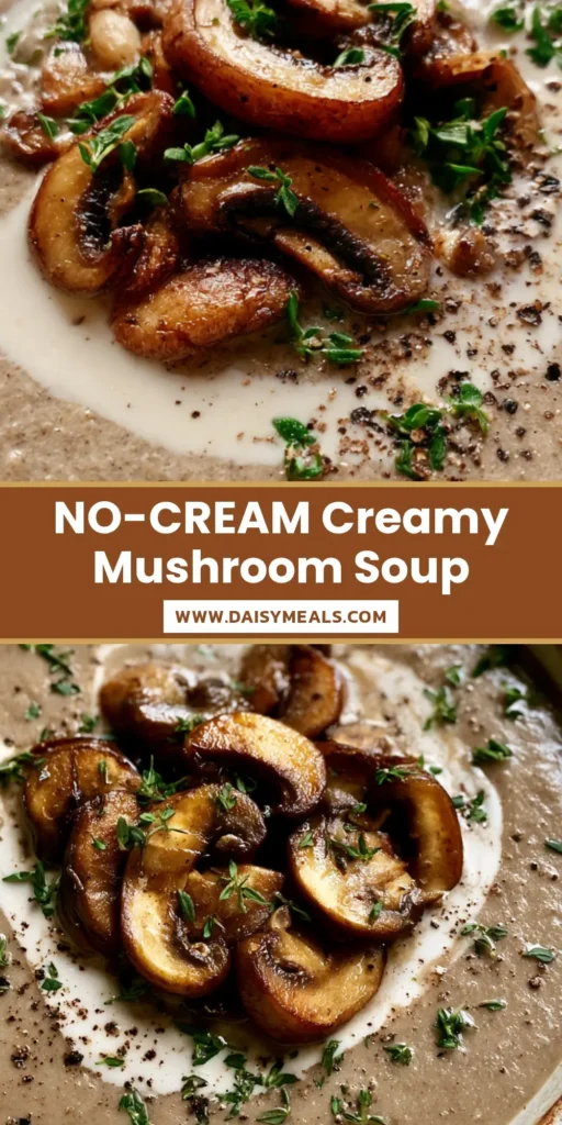 Vegan Mushroom Soup: The Ultimate Creamy and Velvety Umami Experience 4 A rustic bowl of velvety Vegan Mushroom Soup topped with golden sautéed mushrooms, a coconut milk swirl, and fresh thyme on a grey linen background.