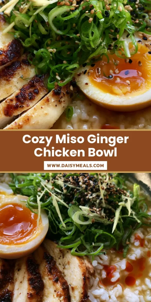 A top-down view of Miso Ginger Chicken and Rice in a dark stoneware bowl, showcasing charred chicken slices, a jammy egg, and vibrant green scallions.