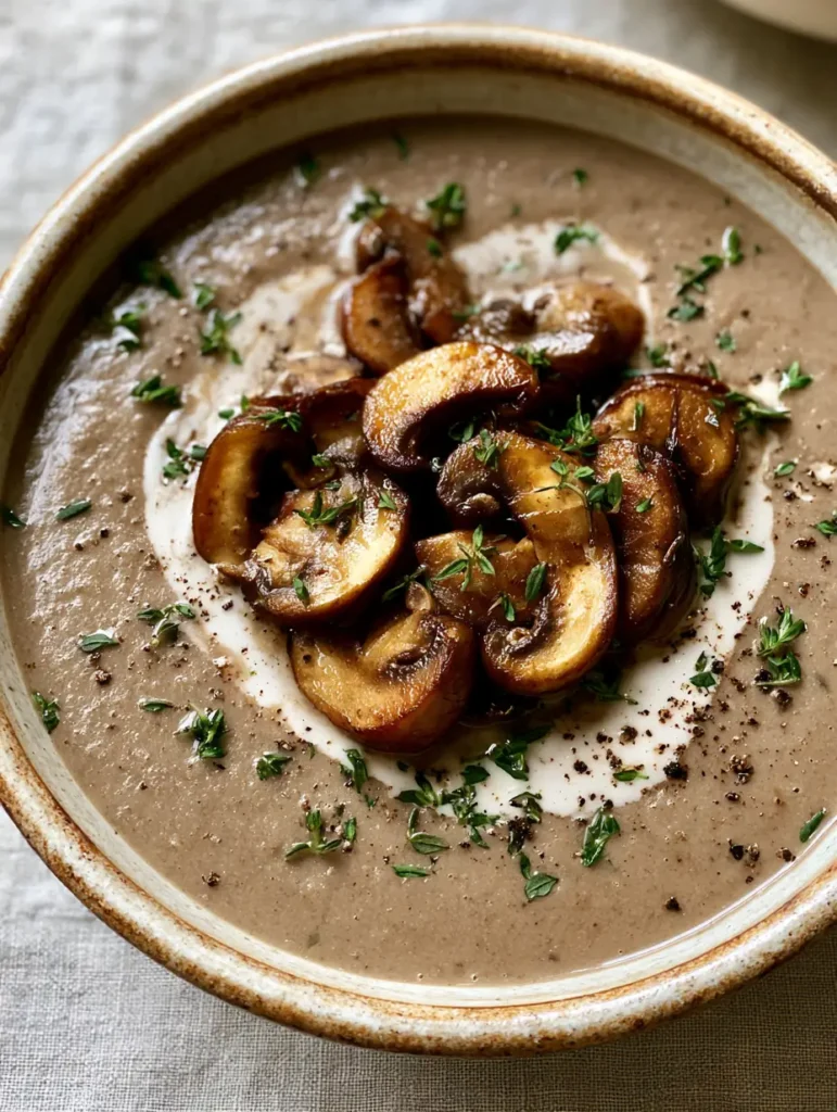 Close up of earth-toned Vegan Mushroom Soup with glistening sautéed cremini mushroom slices and cracked black pepper.