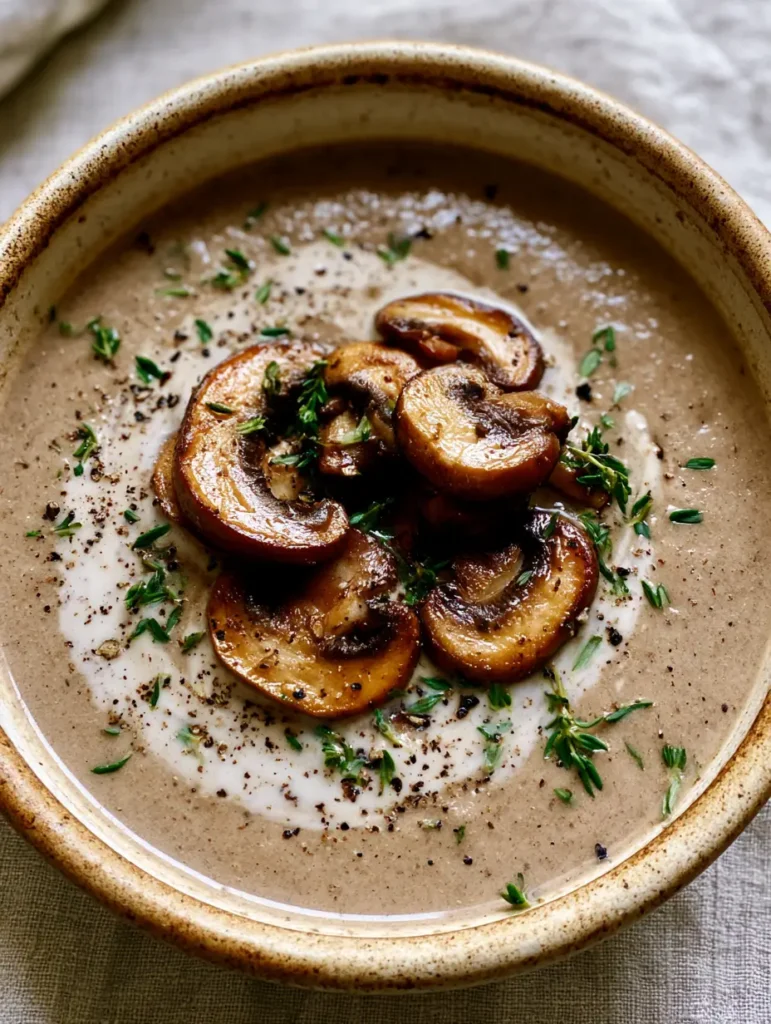 Vegan Mushroom Soup: The Ultimate Creamy and Velvety Umami Experience 1 Overhead view of a ceramic bowl containing Vegan Mushroom Soup with a white coconut milk drizzle and fresh herbs.