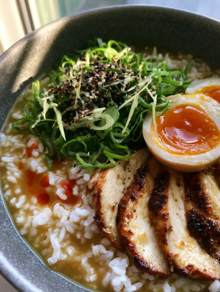 Close-up of seared chicken breast and jammy egg in a golden miso broth. (Miso Ginger Chicken and Rice)