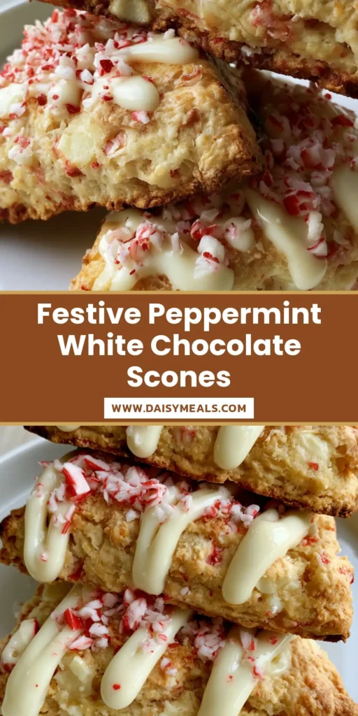 A stack of three golden-brown Peppermint White Chocolate Scones with thick white chocolate drizzle and peppermint shards on a white plate.