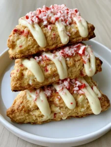 Close-up of golden-baked triangular scones showing visible white chocolate chunks and a thick zig-zag frosting drizzle. (Peppermint White Chocolate Scones)