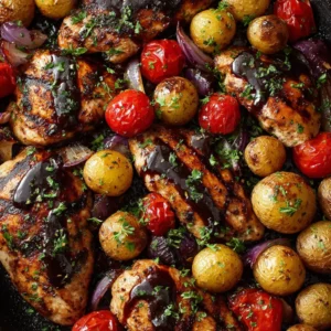 Close-up of pan-seared chicken with deep grill marks and a sticky balsamic coating next to burst cherry tomatoes. (Sheet Pan Balsamic Chicken)