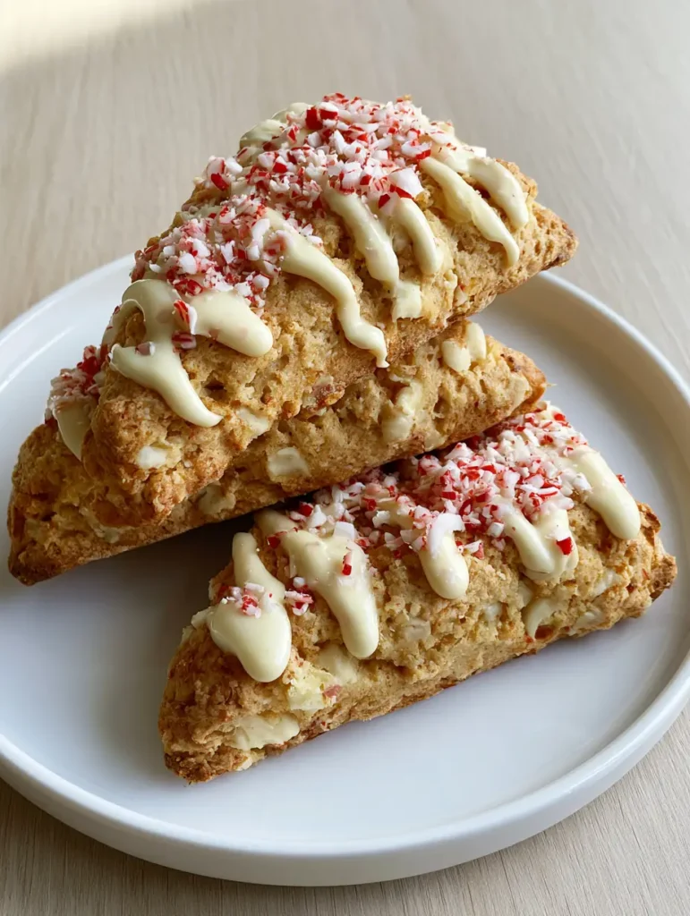 A stack of three triangular scones generously topped with crushed red and white peppermint candy shards on a wooden surface.
