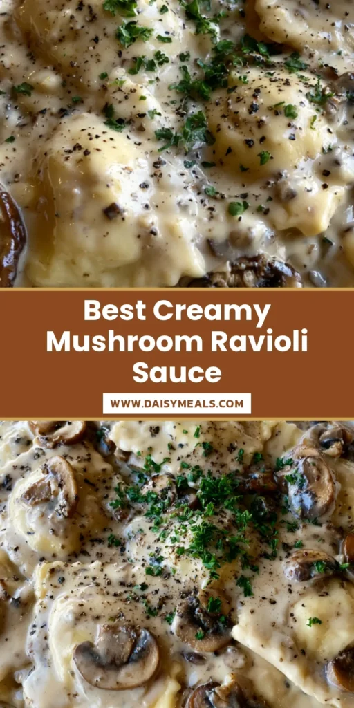 A close-up of a white plate featuring square cheese ravioli drenched in a thick, velvety beige Creamy Mushroom Ravioli Sauce with golden-brown cremini mushrooms.