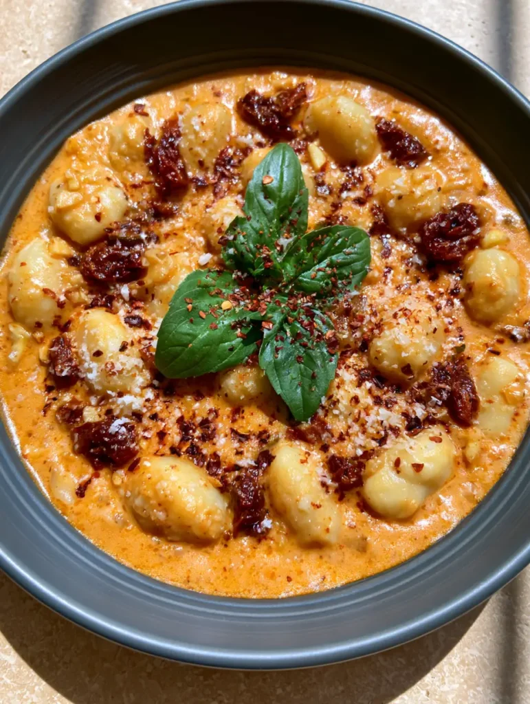 Handheld photo of a shallow dark grey bowl containing Marry Me Butter Beans in a thick sunset-orange cream sauce.