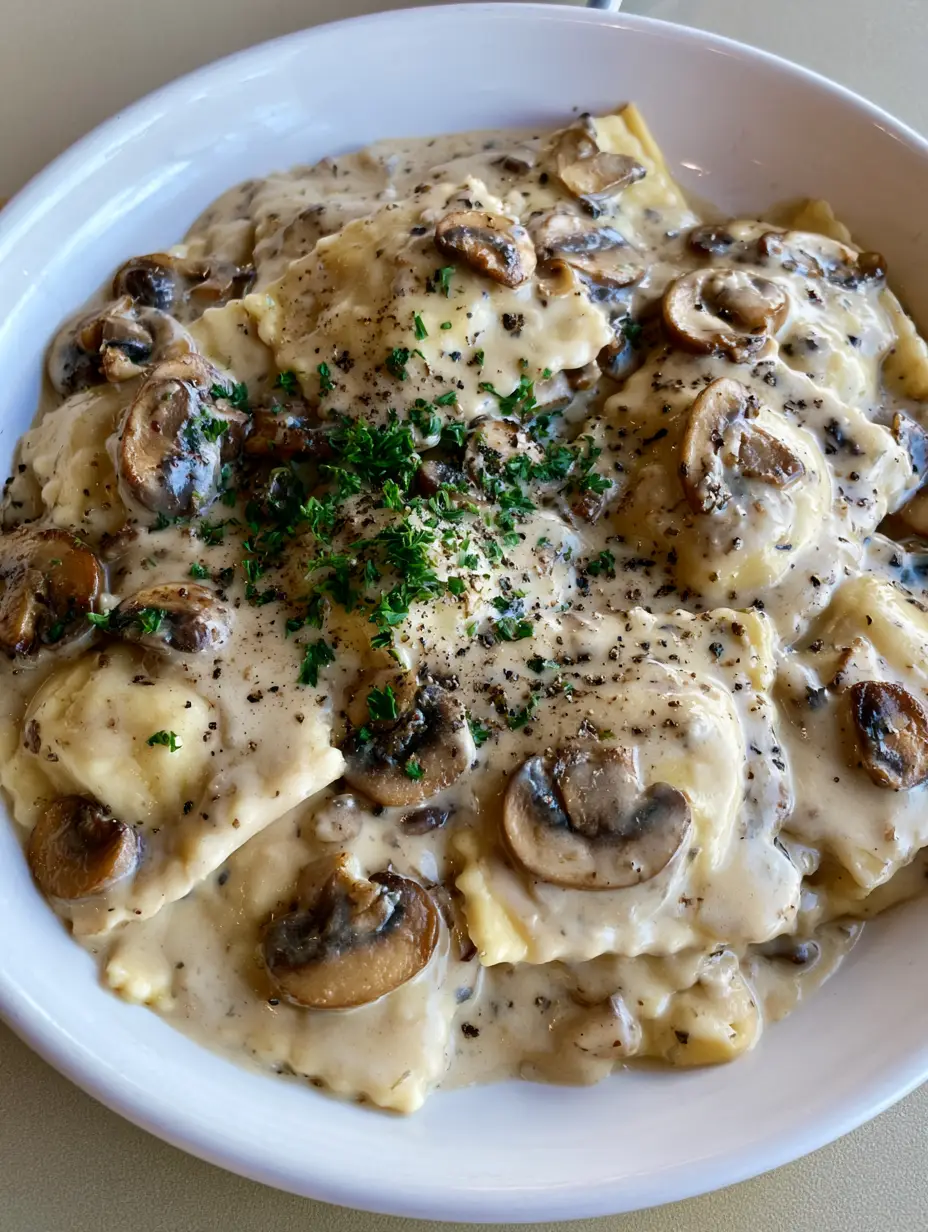 A handheld smartphone photo of Creamy Mushroom Ravioli Sauce over square pasta, featuring golden-brown mushrooms and fresh parsley.