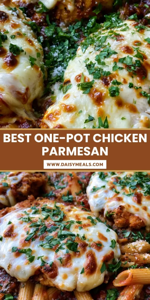 One-Pot Chicken Parmesan: The Ultimate Cheesy Weeknight Pasta Skillet 4 A bubbling dark ceramic skillet filled with One-Pot Chicken Parmesan pasta, featuring charred mozzarella, golden chicken cutlets, and fresh parsley.