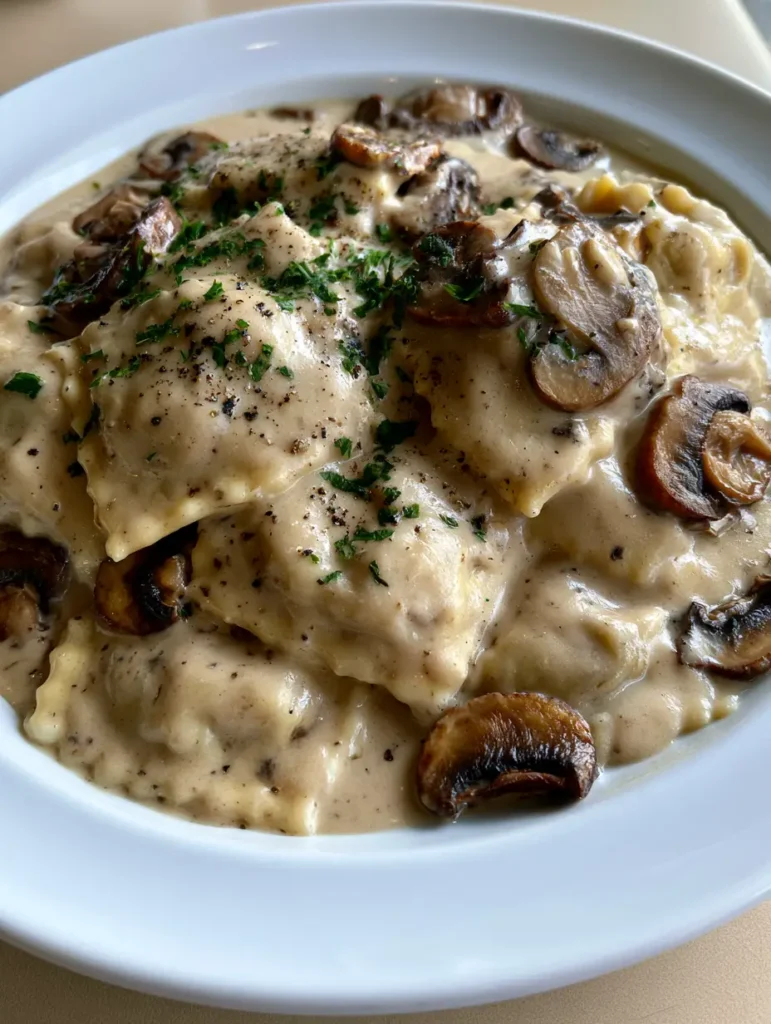 Detailed shot of velvety beige sauce with sliced sautéed cremini mushrooms and cracked black pepper. (Creamy Mushroom Ravioli Sauce)