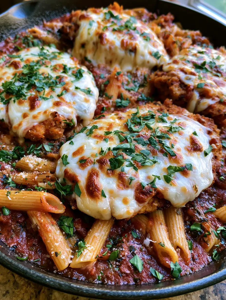 One-Pot Chicken Parmesan: The Ultimate Cheesy Weeknight Pasta Skillet 3 Close-up of seared chicken cutlets and penne pasta in a dense red sauce inside a ceramic skillet. (One-Pot Chicken Parmesan)