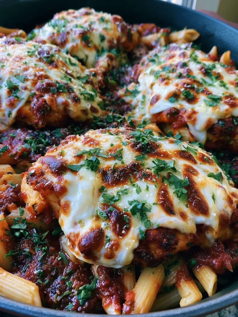 One-Pot Chicken Parmesan: The Ultimate Cheesy Weeknight Pasta Skillet 1 Overhead view of melted, bubbly mozzarella cheese on top of chicken and pasta. (One-Pot Chicken Parmesan)