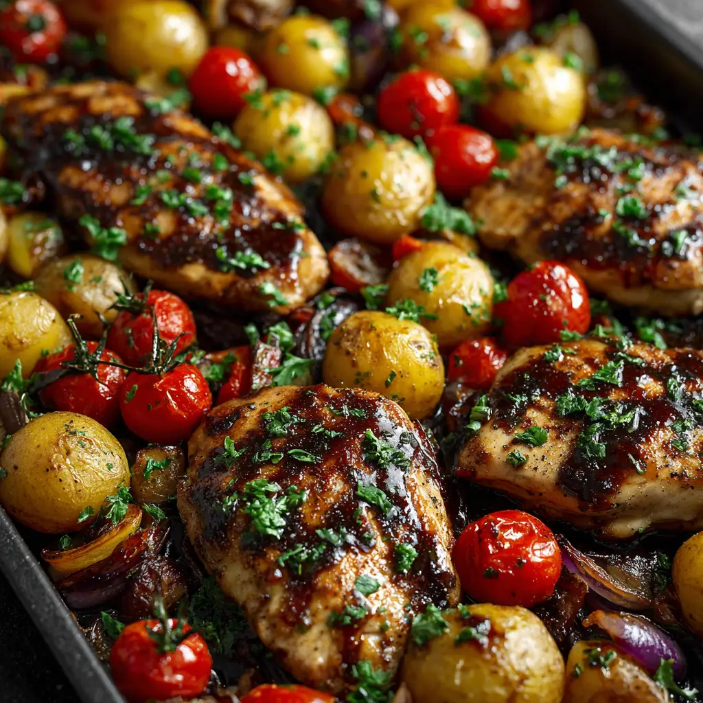 Sheet Pan Balsamic Chicken with Roasted Gold Potatoes and Blistered Tomatoes 1 A top-down view of roasted gold potatoes with wrinkled skins and caramelized red onion chunks on a dark pan.