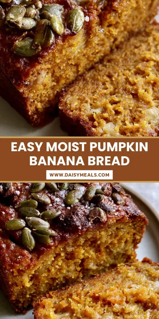 A tall, beautiful loaf of Pumpkin Banana Bread topped with green pepitas and sea salt on a ceramic platter.