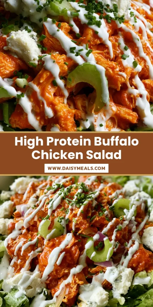 Buffalo Chicken Salad with Shredded Chicken and Creamy Ranch Drizzle 4 A top-down view of a Buffalo Chicken Salad in a white bowl, showing the vibrant orange shredded chicken and thick ranch drizzle.