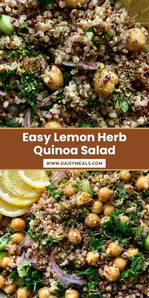 A rustic ceramic bowl of Lemon Herb Quinoa with Chickpeas topped with lemon slices and cracked black pepper on a linen cloth.