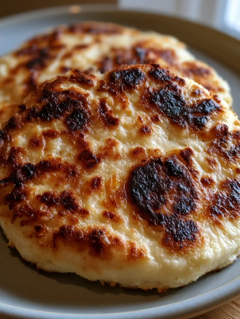 Handheld smartphone photo of a thick, soft Cottage Cheese Flatbread with a matte, floury surface and golden-brown spots.