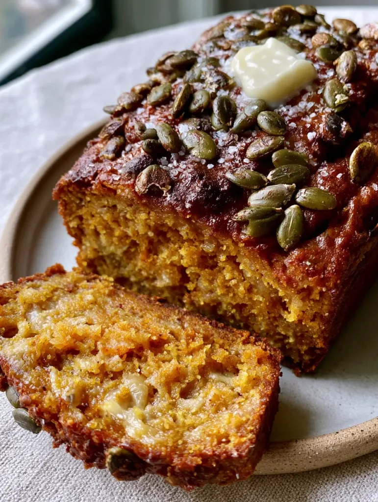 A thick slice of moist pumpkin banana bread showing a dense crumb and streaks of banana on a white plate. (Pumpkin Banana Bread)