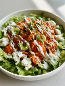 Smartphone photo of a buffalo chicken salad with glossy orange sauce and blue cheese crumbles in a white ceramic bowl.