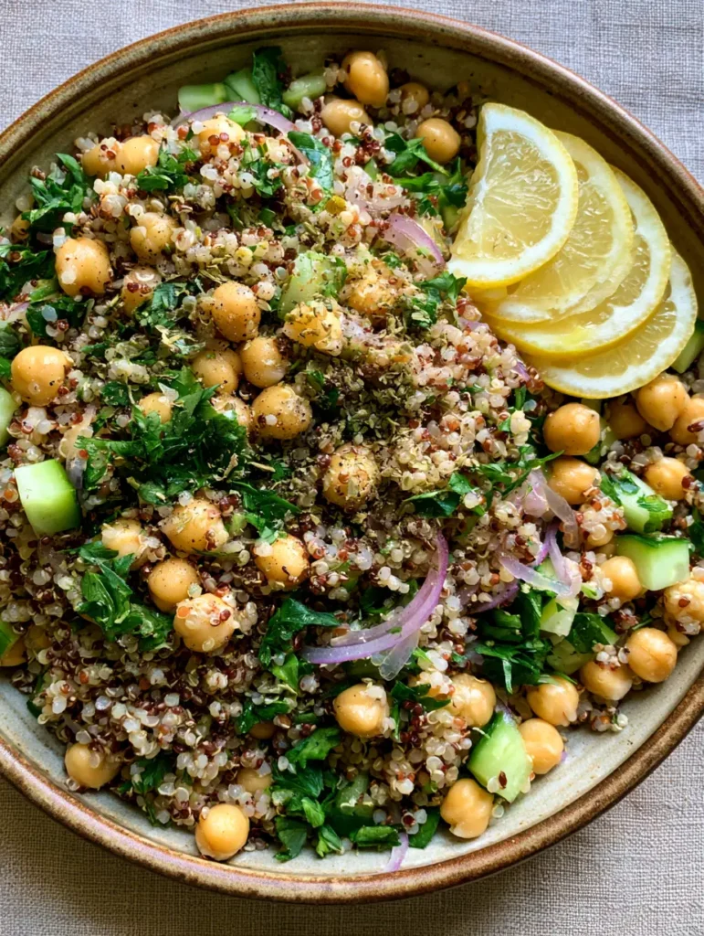 Top-down view of a colorful Lemon Herb Quinoa with Chickpeas salad featuring red and white quinoa and fresh herbs.
