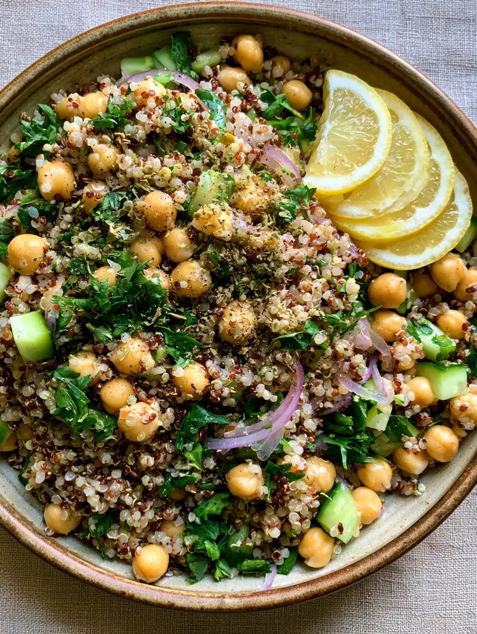 Top-down view of a colorful Lemon Herb Quinoa with Chickpeas salad featuring red and white quinoa and fresh herbs.