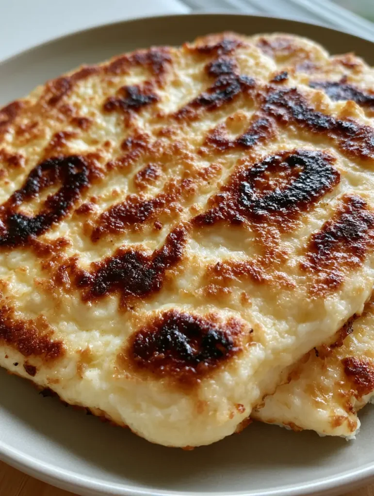 Close-up of a pan-seared Cottage Cheese Flatbread showing rustic circular shapes and dark charred spots on a ceramic plate.