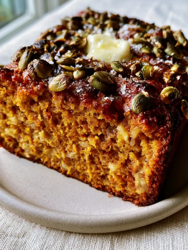 Close up of the caramelized top crust of Pumpkin Banana Bread with roasted pepitas and melting salted butter.