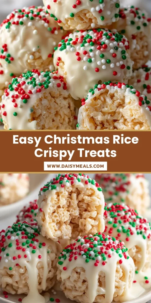 A pile of spherical Christmas Rice Crispy Treats coated in white chocolate and festive nonpareils on a marble surface.