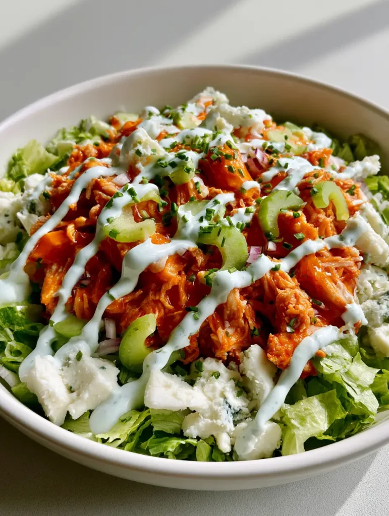 Buffalo Chicken Salad with Shredded Chicken and Creamy Ranch Drizzle 1 Close-up of shredded buffalo chicken on a bed of romaine lettuce with thick ranch dressing and chives.