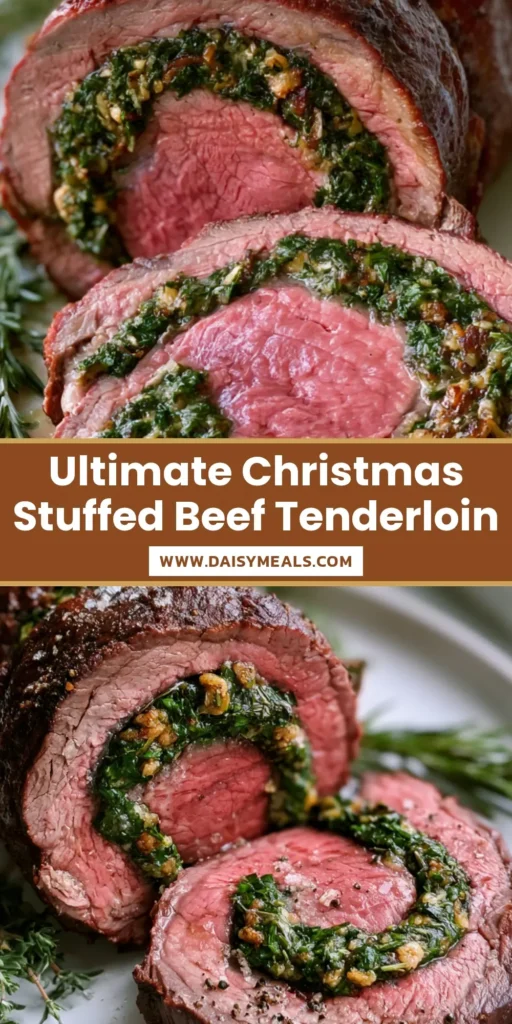 A smartphone photo of a sliced Stuffed Beef Tenderloin on a white platter, showing a medium-rare pink center and a thick green herb spiral.