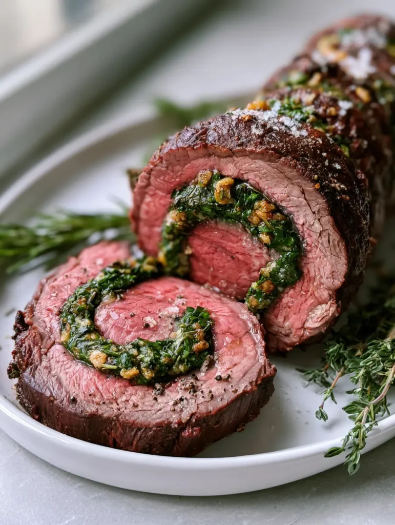 Close-up of Stuffed Beef Tenderloin slices with a mahogany seared crust and bright green parsley and rosemary filling.