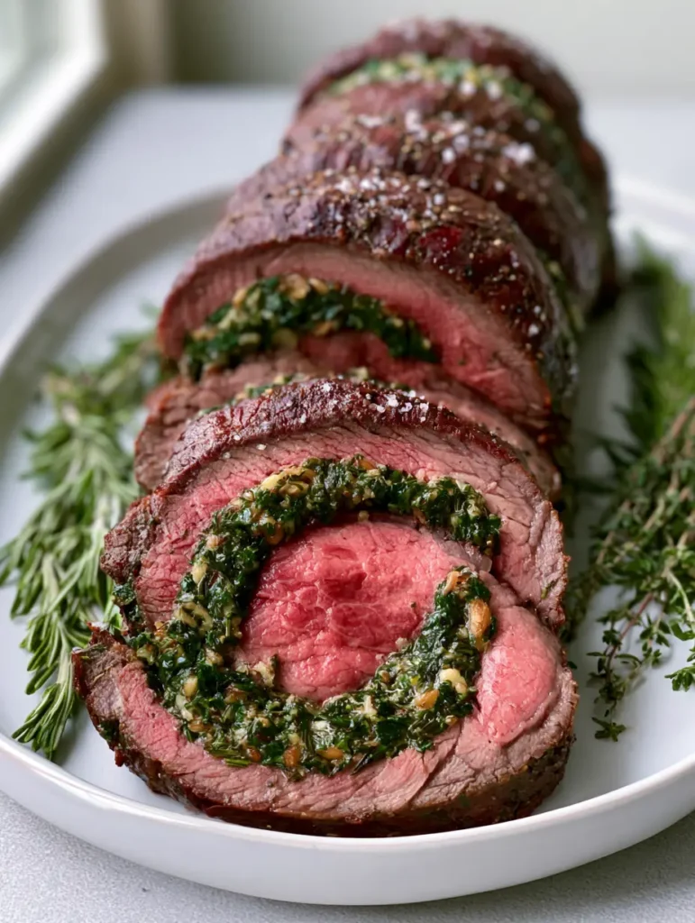 Sliced Stuffed Beef Tenderloin garnished with fresh thyme and rosemary sprigs on a neutral gray background.
