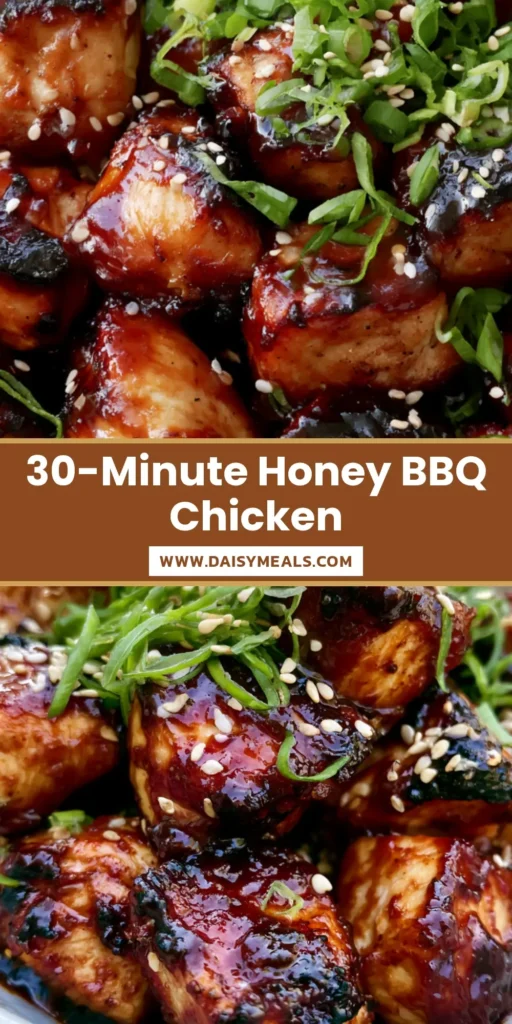 A rustic white bowl filled with Honey BBQ Chicken Bites featuring a thick mahogany glaze, charred edges, and a garnish of green scallions and sesame seeds. (Honey BBQ Chicken Bites)