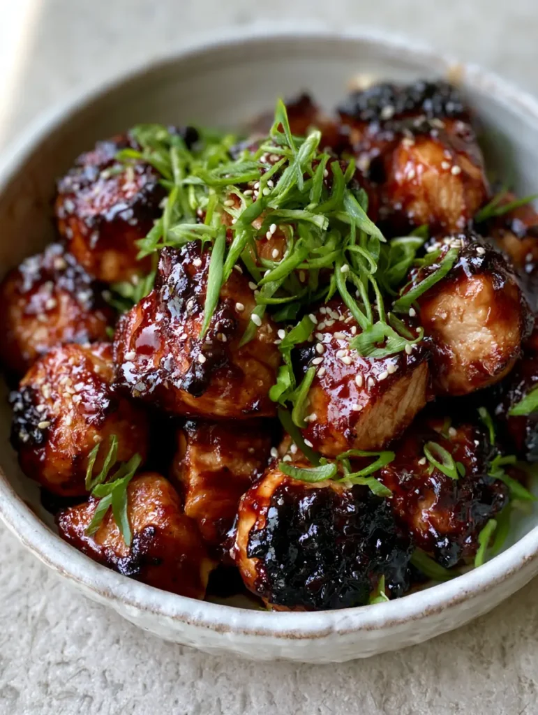 A handheld photo of a bowl of Honey BBQ Chicken Bites showing the thick sauce texture and green scallion garnish.