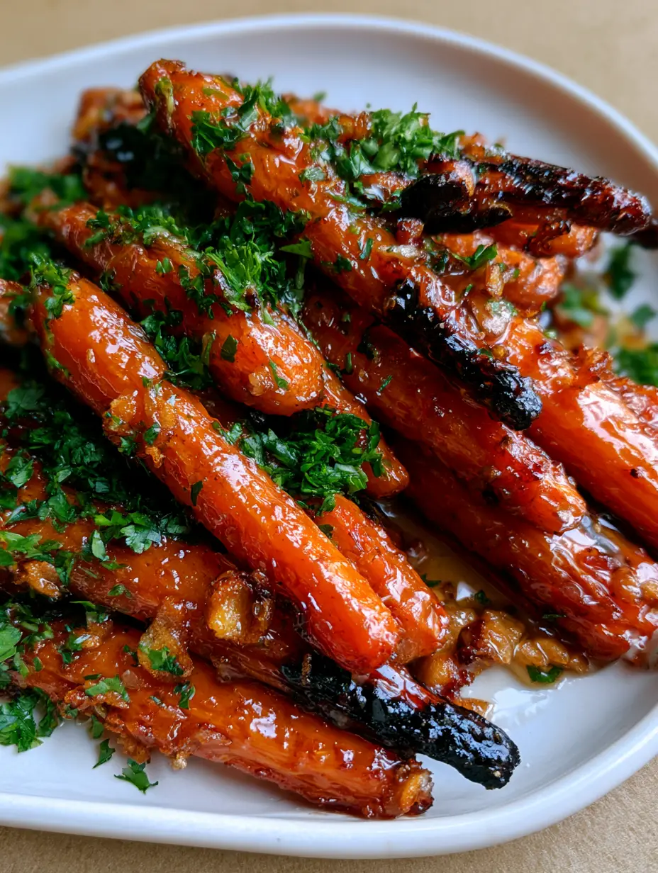 Close-up of whole roasted carrots showing caramelized skins and golden-brown fried garlic bits. (Honey Garlic Butter Roasted Carrots)