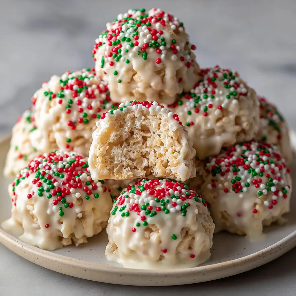 Macro shot of lumpy spherical Christmas Rice Crispy Treats with thick white chocolate coating and red, green, and white nonpareils.