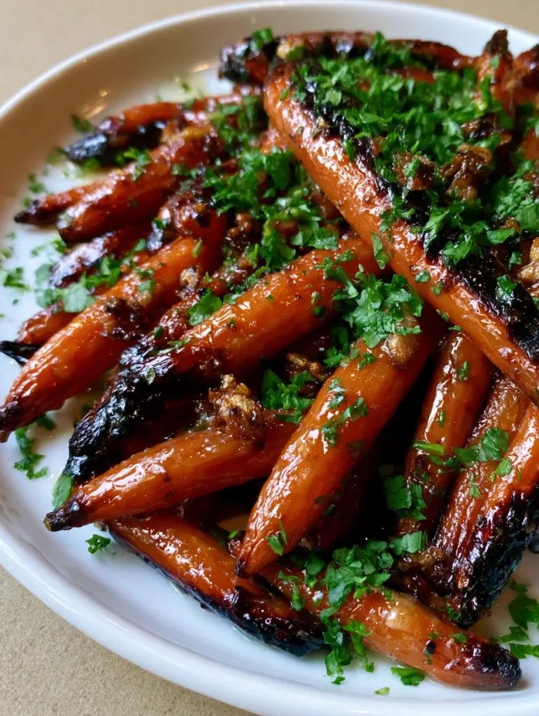 Whole roasted carrots with blackened char marks and a generous sprinkle of fresh parsley flakes.