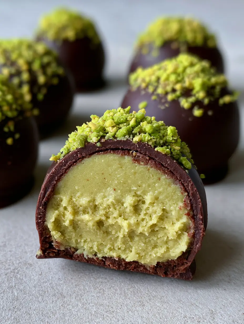 Pistachio Ganache Truffles with a Snappy Dark Chocolate Shell 3 Handheld photo showing a halved Pistachio Ganache Truffle revealing a smooth, pale green interior and a thin dark chocolate shell.
