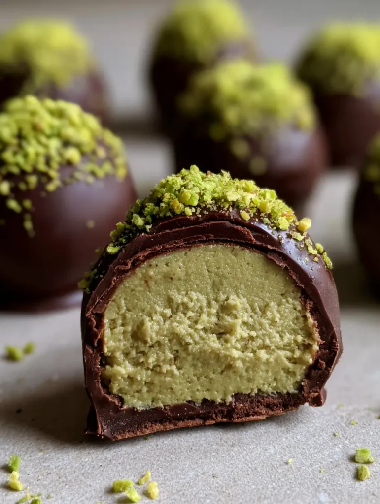 Pistachio Ganache Truffles with a Snappy Dark Chocolate Shell 1 A cluster of spherical Pistachio Ganache Truffles topped with vibrant green crushed pistachios under soft natural lighting.