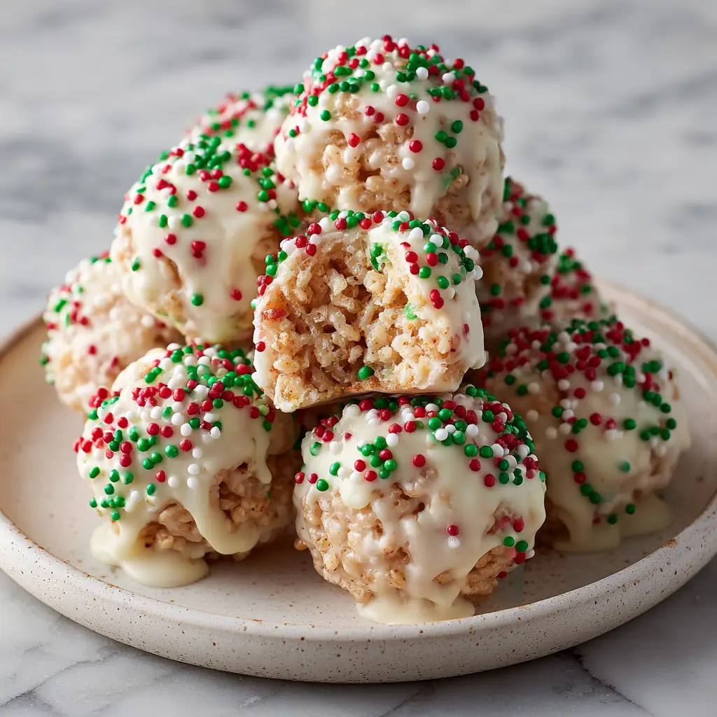 Christmas Rice Crispy Treats piled on a white plate showing the smooth white chocolate drips and colorful nonpareil sprinkles.