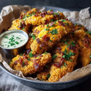 Golden-brown baked chicken tenders with crunchy breading and melted orange cheese (Crack Chicken Tenders).