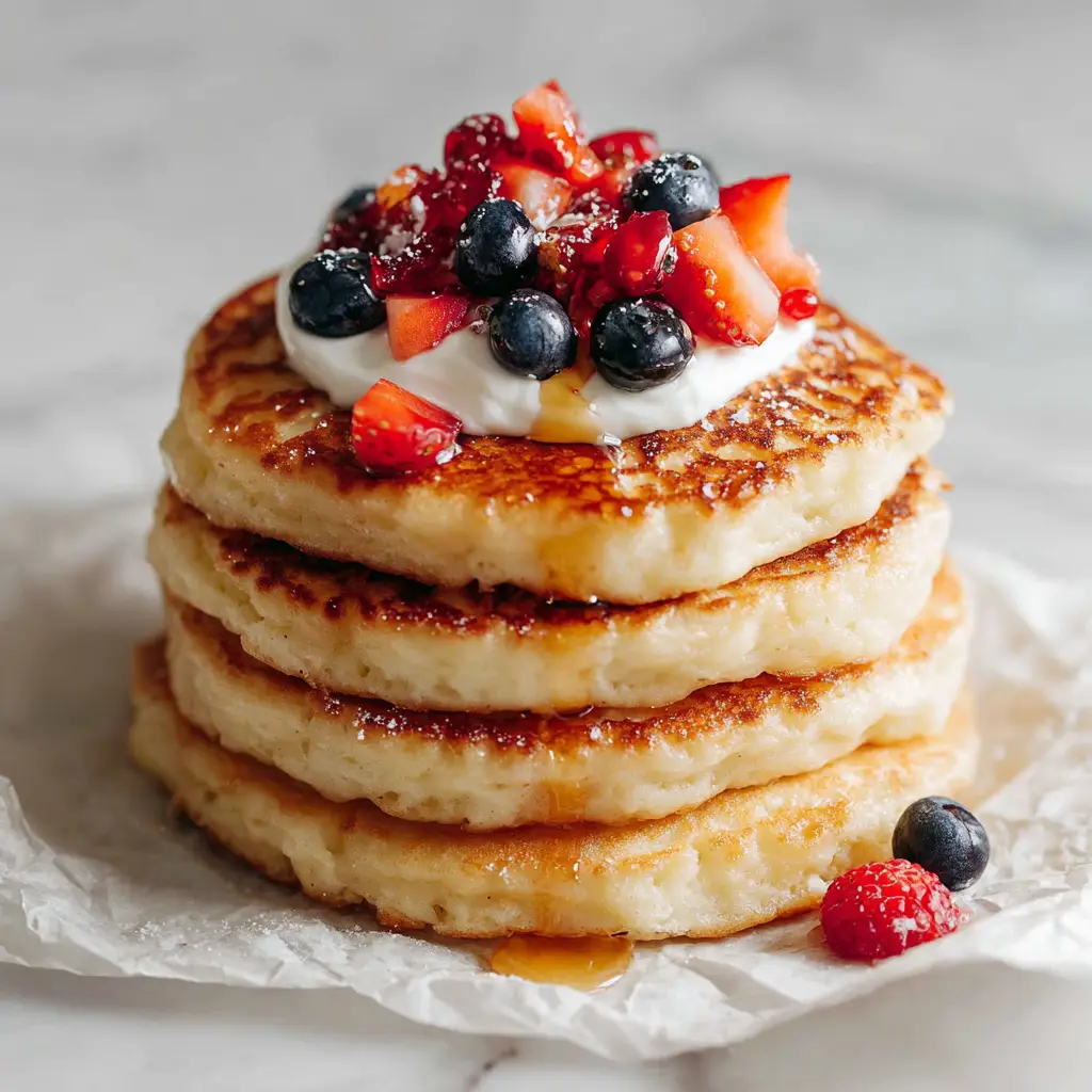 Close up of red currants, blueberries, and diced strawberries on top of coconut flour pancakes.