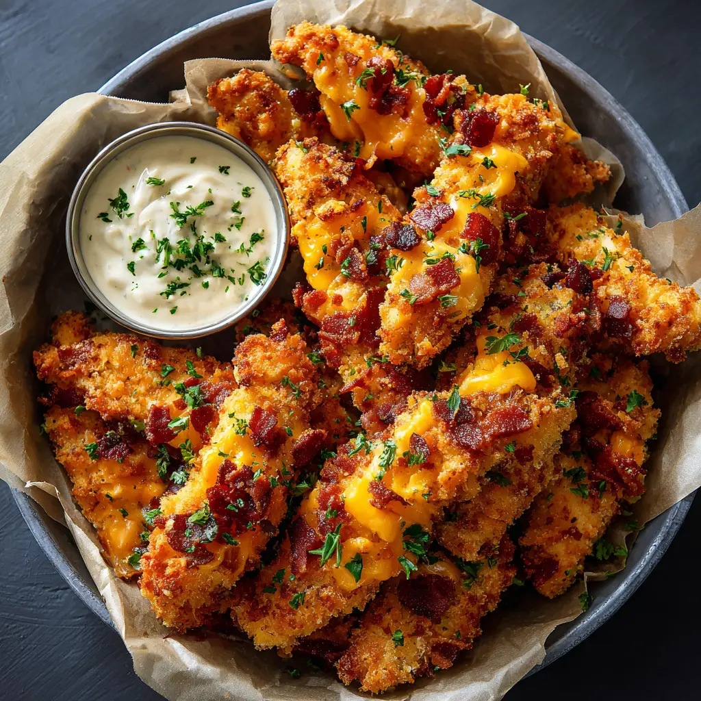 A pan of Crack Chicken Tenders featuring dark reddish-brown bacon crumbles and bright green parsley.