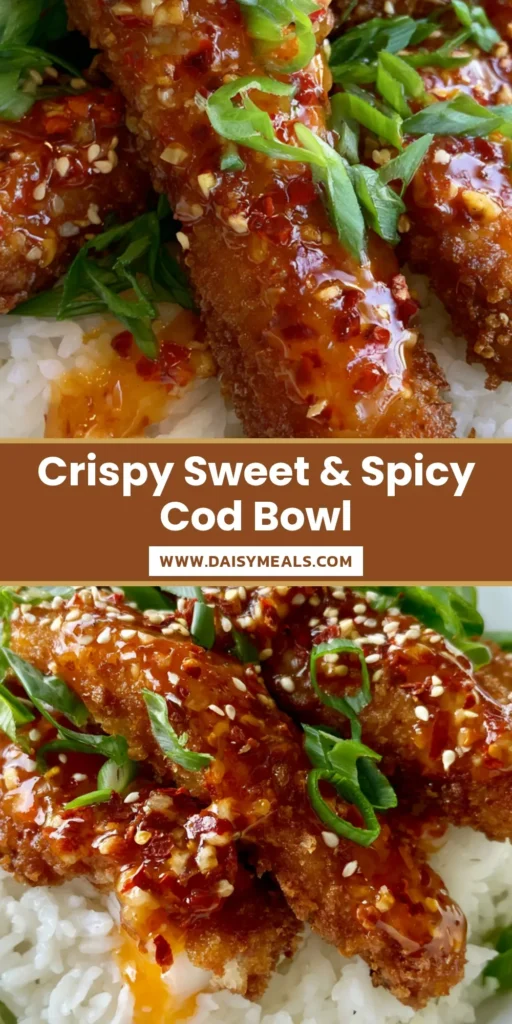 A close-up of crunchy fried Sweet and Spicy Cod Strips drizzled in a glossy red chili garlic sauce over white jasmine rice.
