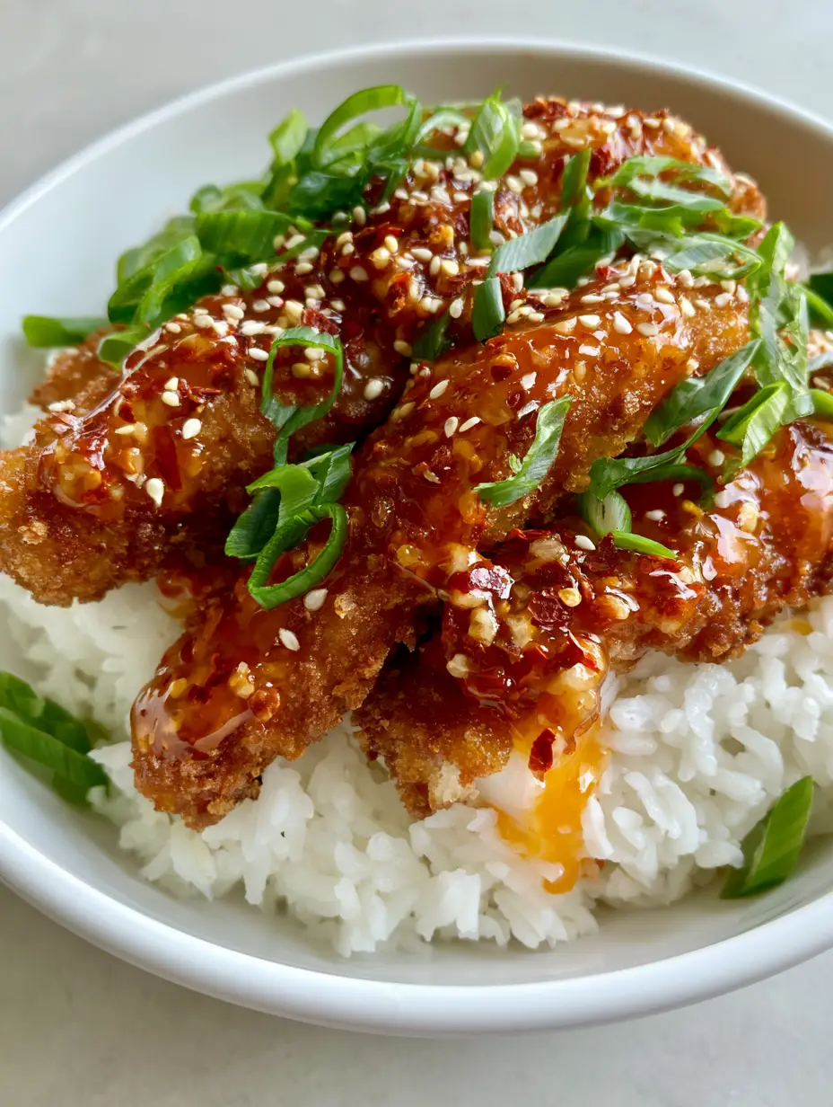 A handheld smartphone photo showing four long Sweet and Spicy Cod Strips on a bed of jasmine rice in a white bowl.