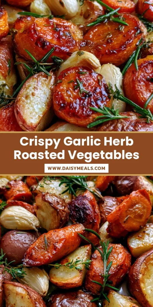 A ceramic dish filled with golden Roasted Potatoes and Carrots, garnished with fresh rosemary and whole garlic cloves. (Roasted Potatoes and Carrots)